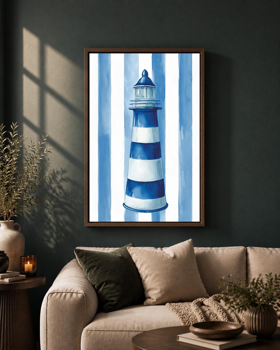 Blue Striped Lighthouse Framed Canvas Art, Coastal Nautical Beach House Decor by The Wall Art Studio - physical