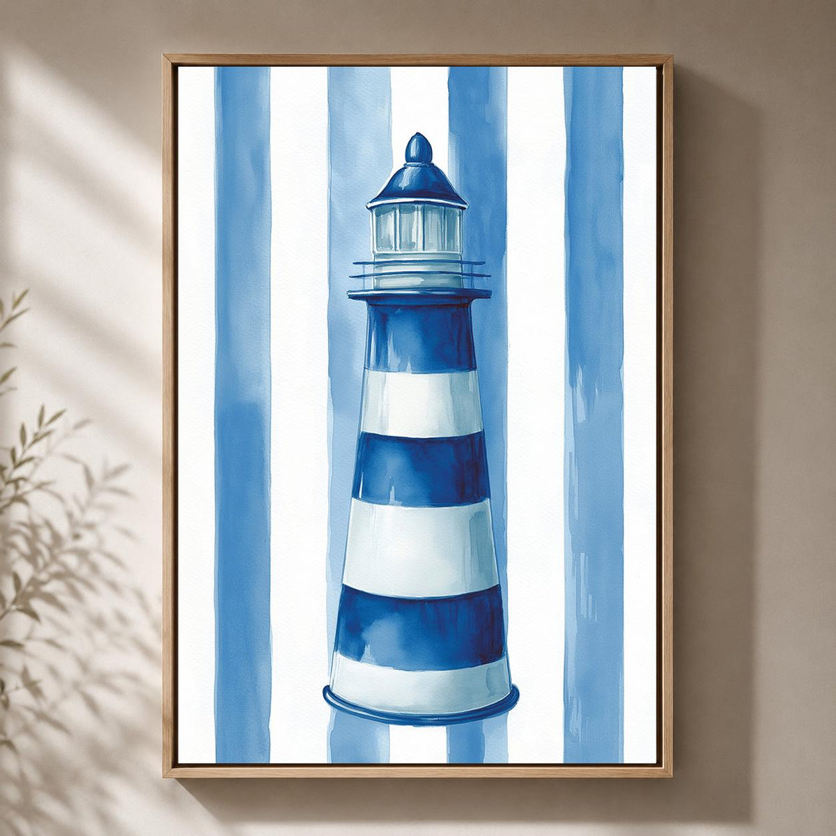 Blue Striped Lighthouse Framed Canvas Art, Coastal Nautical Beach House Decor by The Wall Art Studio - physical