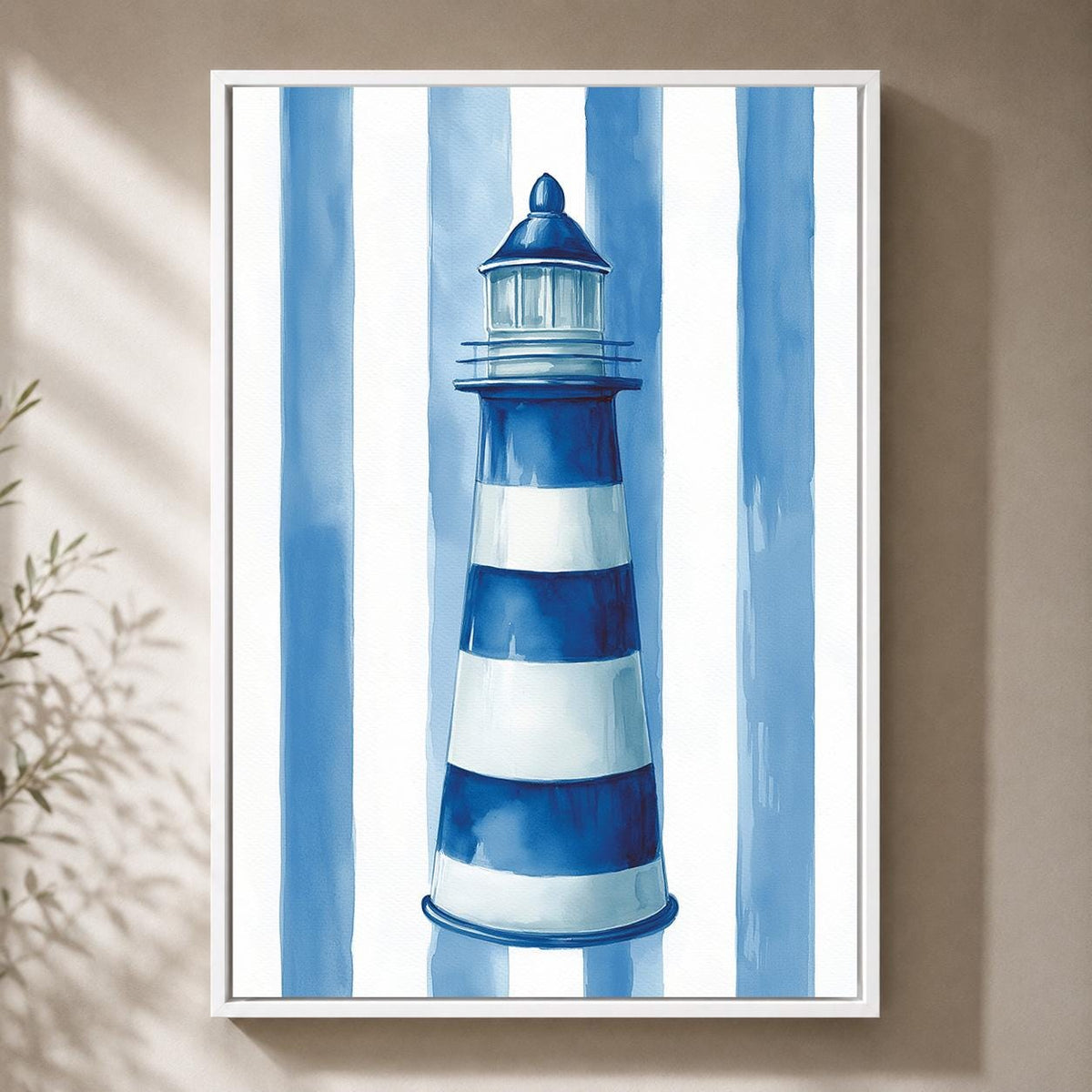 Blue Striped Lighthouse Framed Canvas Art, Coastal Nautical Beach House Decor by The Wall Art Studio - physical