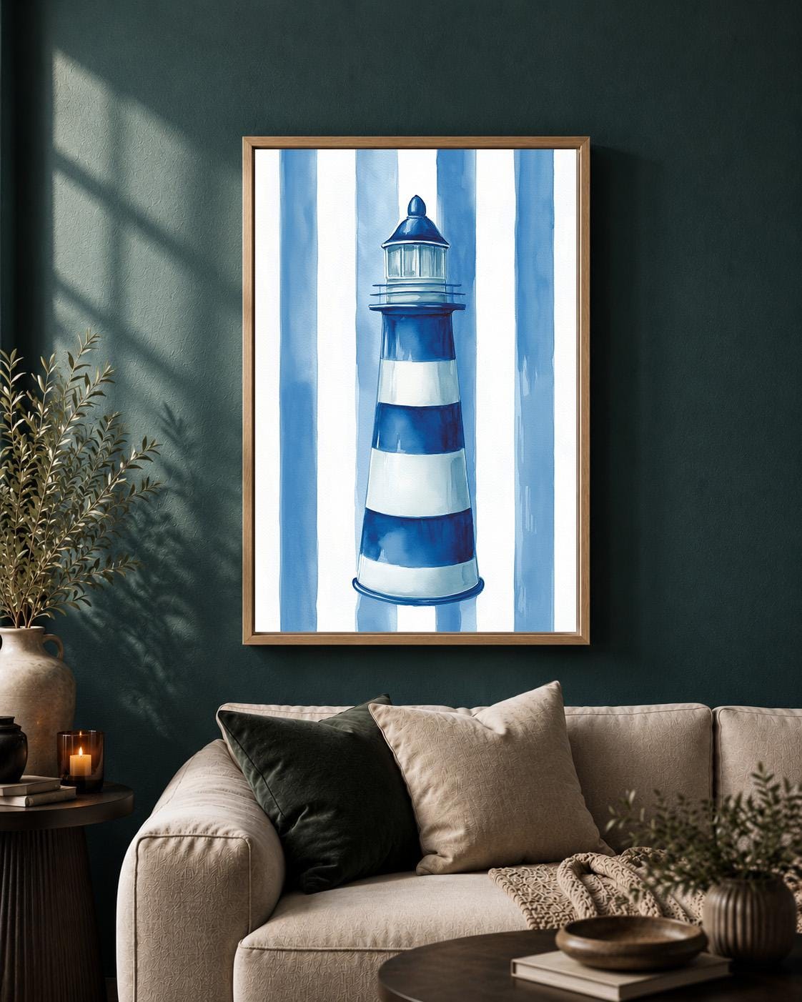 Blue Striped Lighthouse Framed Canvas Art, Coastal Nautical Beach House Decor by The Wall Art Studio - physical