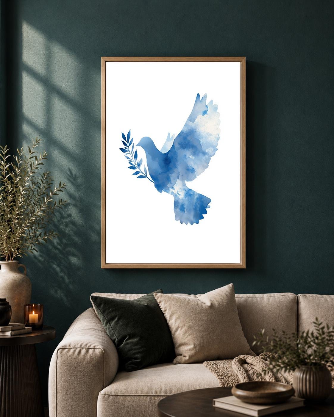 Blue Watercolor Peace Dove Framed Canvas Art, Olive Branch Minimalist Nature Decor by The Wall Art Studio - physical