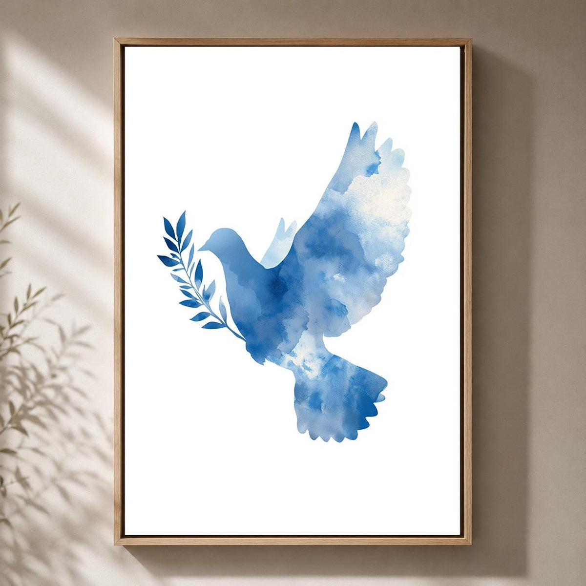 Blue Watercolor Peace Dove Framed Canvas Art, Olive Branch Minimalist Nature Decor by The Wall Art Studio - physical