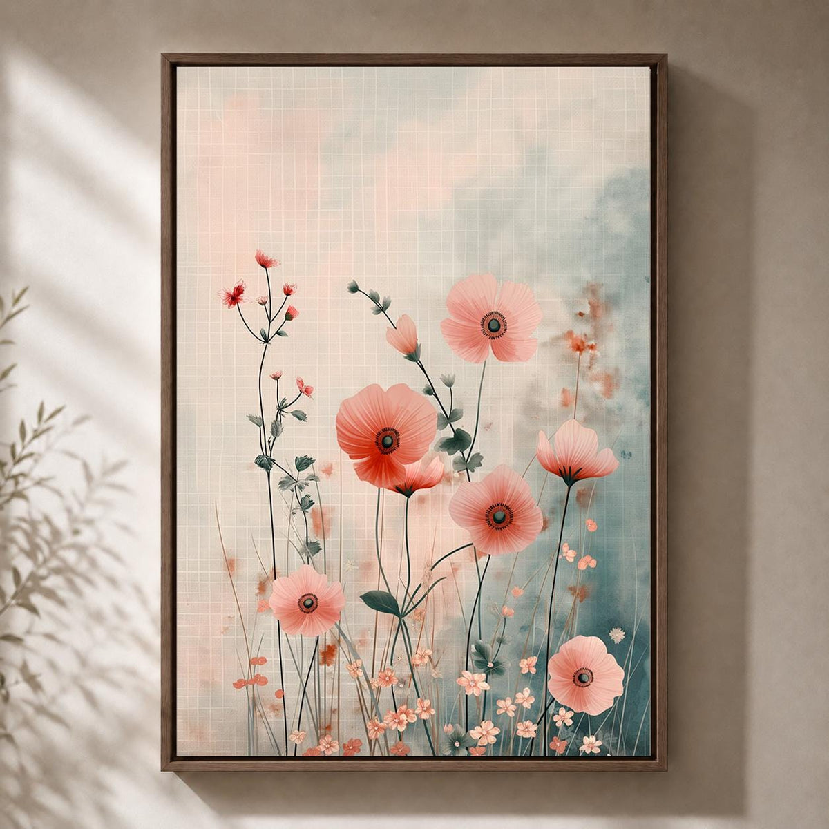 Blush Pink Floral Framed Canvas Art, Soft Botanical Flower Print, Cottagecore Wall Decor by The Wall Art Studio - physical