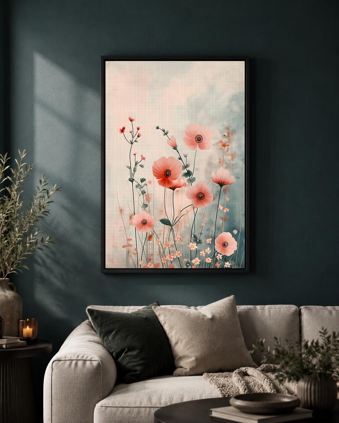 Blush Pink Floral Framed Canvas Art, Soft Botanical Flower Print, Cottagecore Wall Decor by The Wall Art Studio - physical