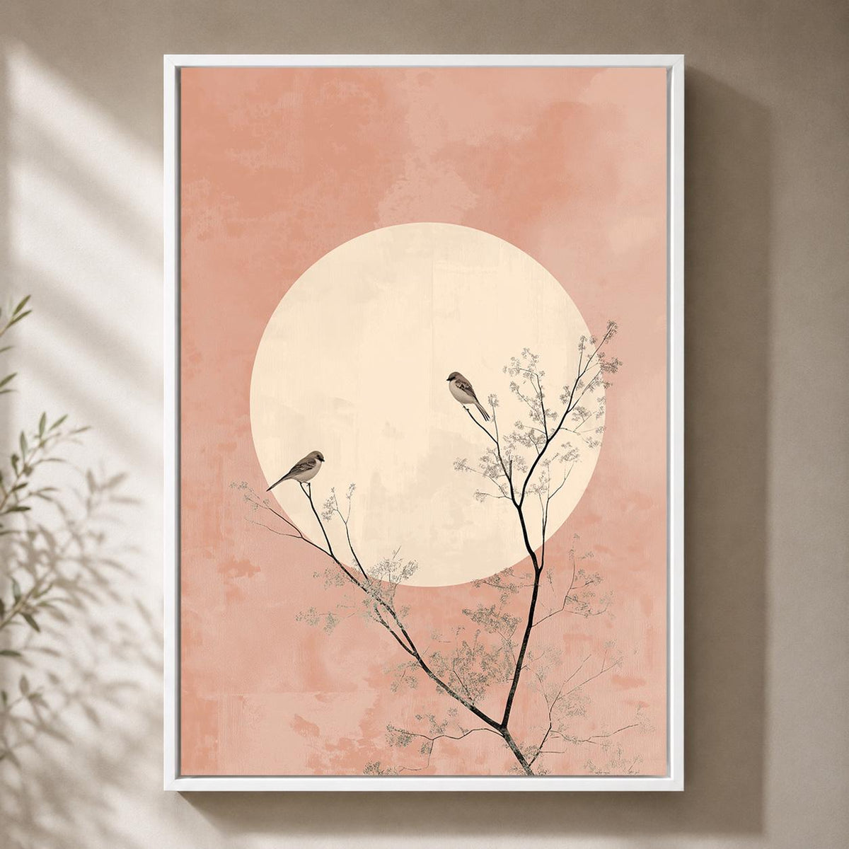 Blush Pink Moon Birds Framed Canvas Art, Minimalist Japandi Botanical Print by The Wall Art Studio - physical
