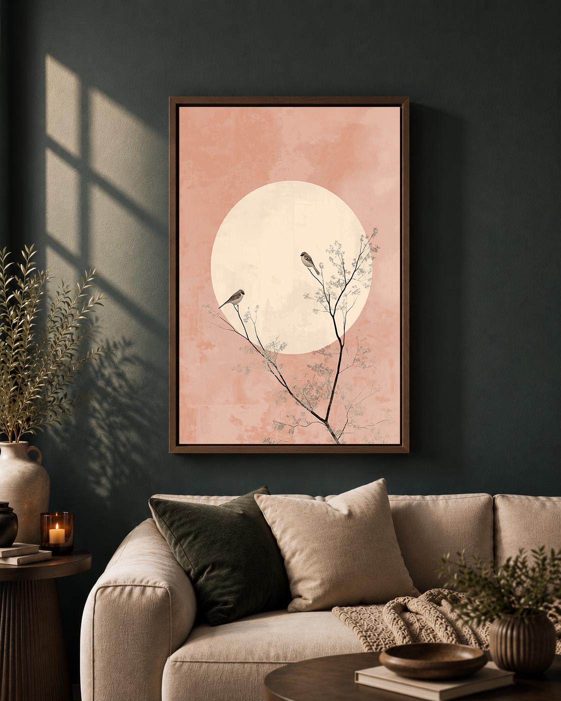 Blush Pink Moon Birds Framed Canvas Art, Minimalist Japandi Botanical Print by The Wall Art Studio - physical