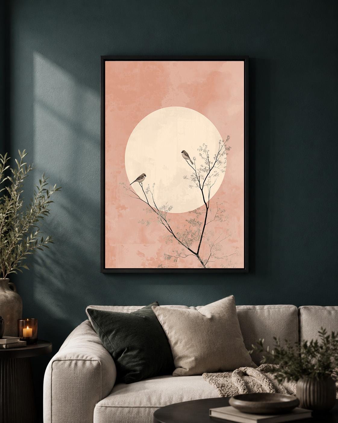 Blush Pink Moon Birds Framed Canvas Art, Minimalist Japandi Botanical Print by The Wall Art Studio - physical