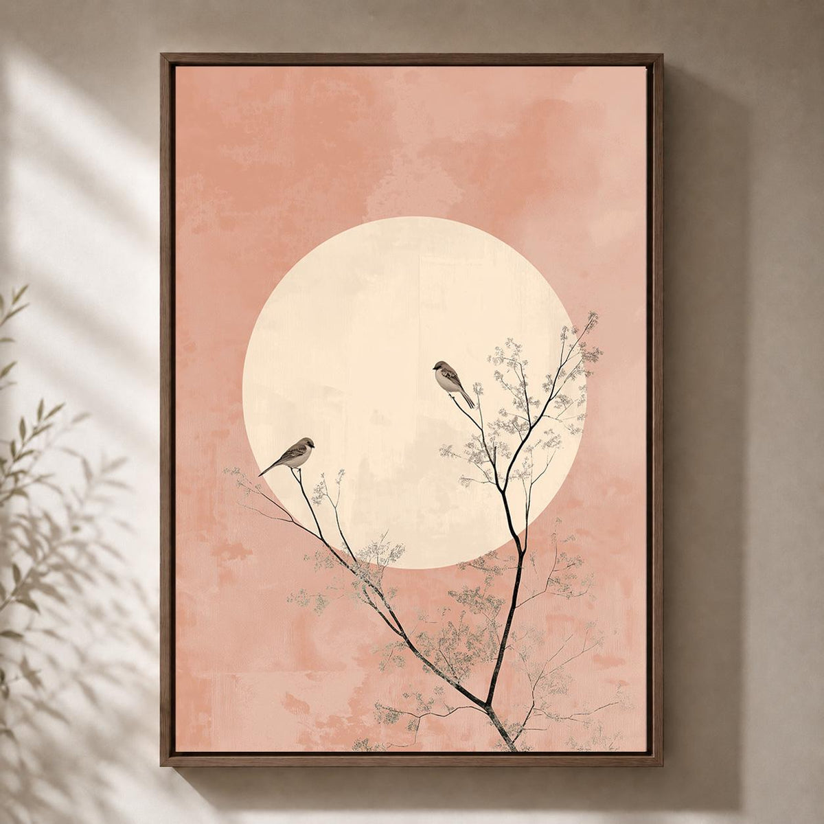Blush Pink Moon Birds Framed Canvas Art, Minimalist Japandi Botanical Print by The Wall Art Studio - physical