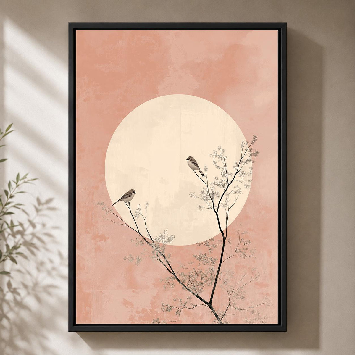 Blush Pink Moon Birds Framed Canvas Art, Minimalist Japandi Botanical Print by The Wall Art Studio - physical