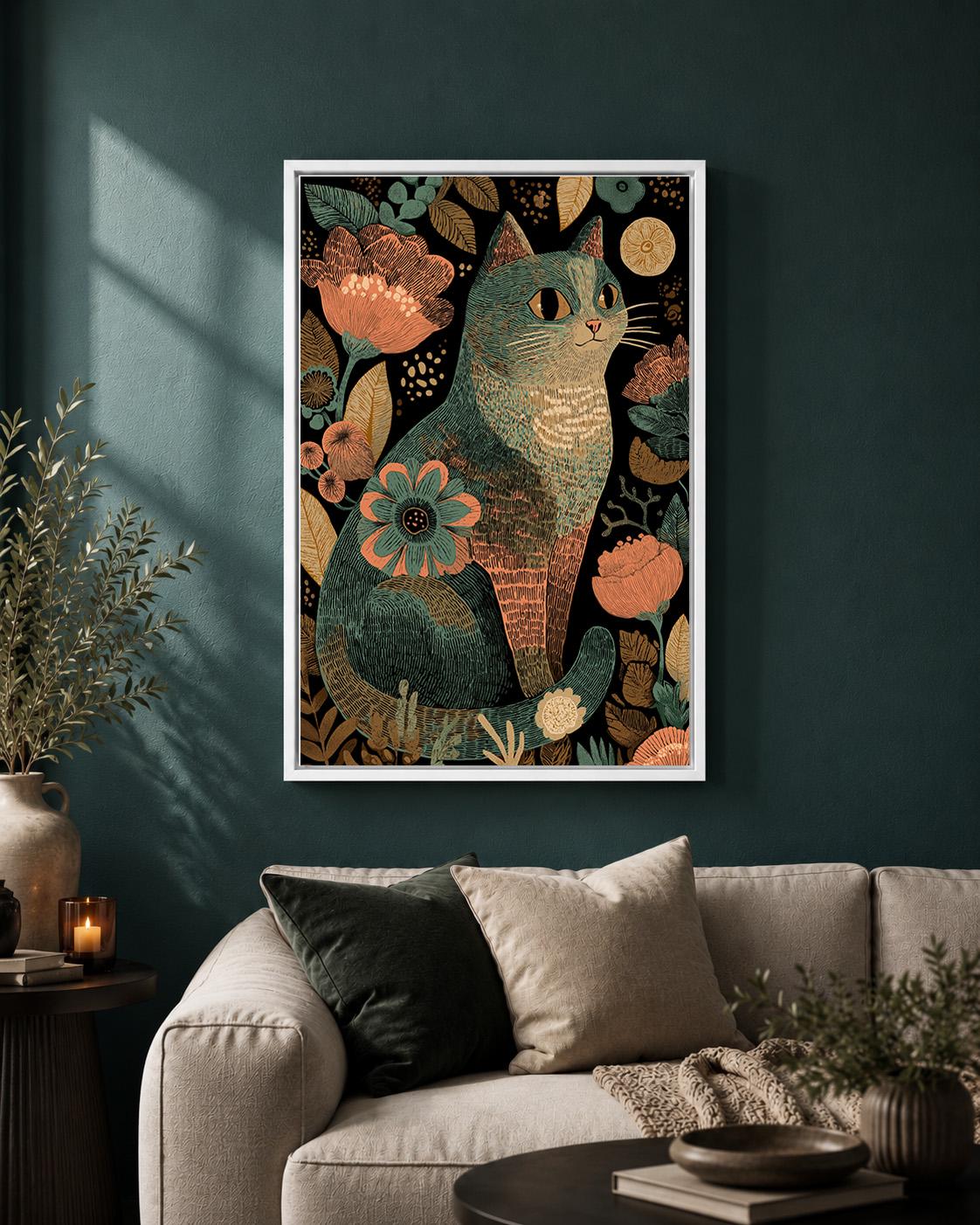 Boho Cat Floral Folk Art Framed Canvas Print, Whimsical Pet Wall Decor by The Wall Art Studio - physical