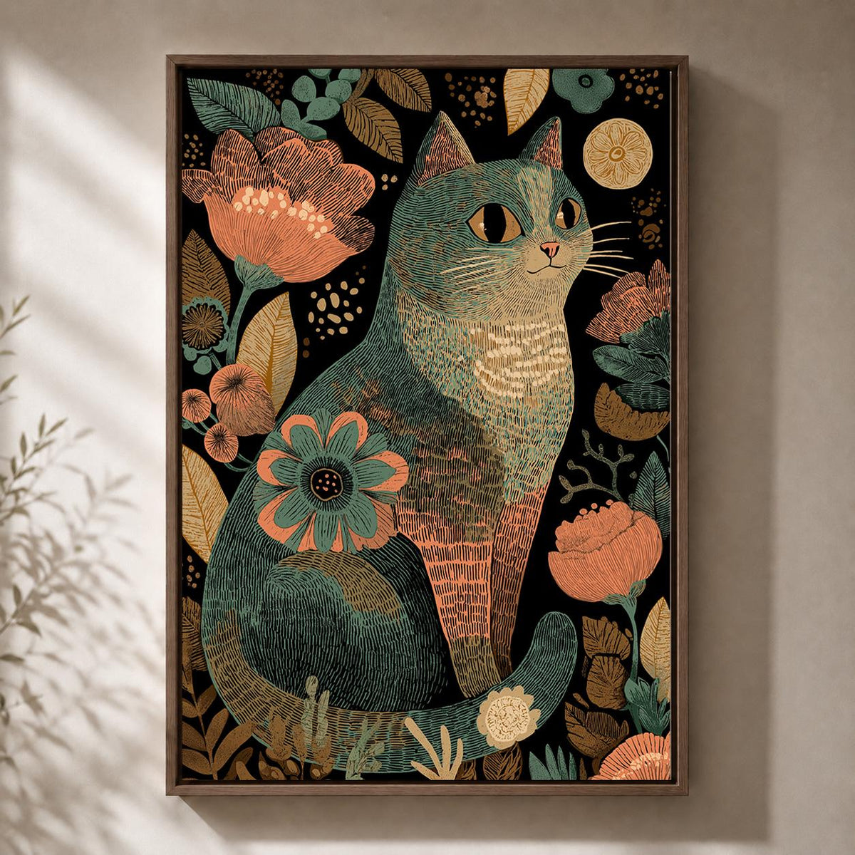 Boho Cat Floral Folk Art Framed Canvas Print, Whimsical Pet Wall Decor by The Wall Art Studio - physical