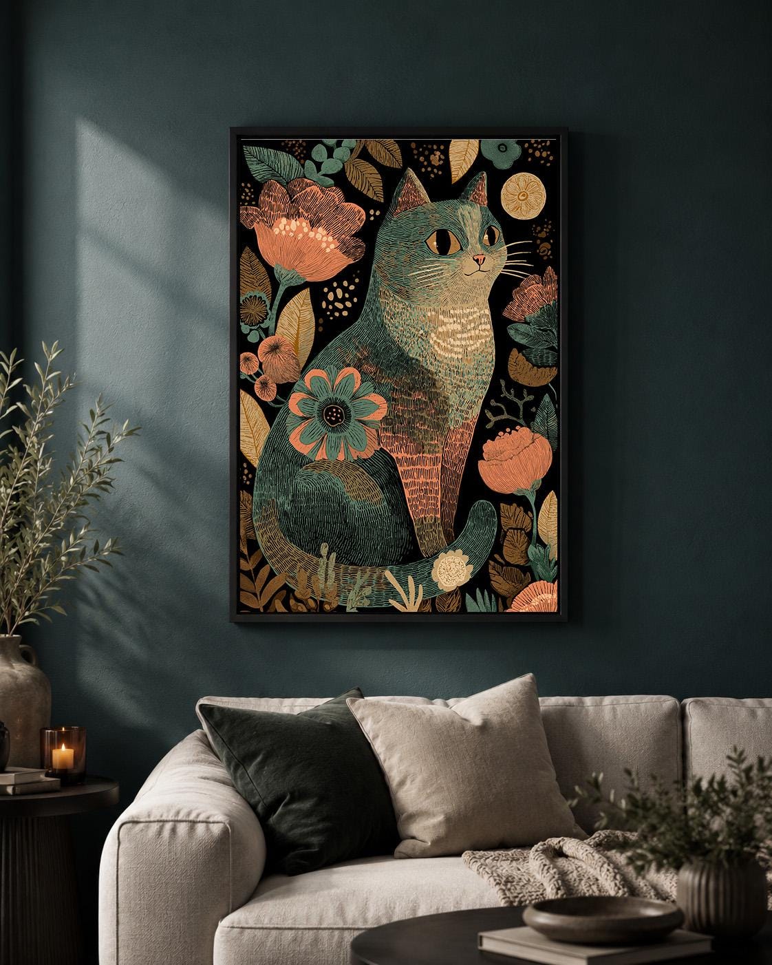 Boho Cat Floral Folk Art Framed Canvas Print, Whimsical Pet Wall Decor by The Wall Art Studio - physical