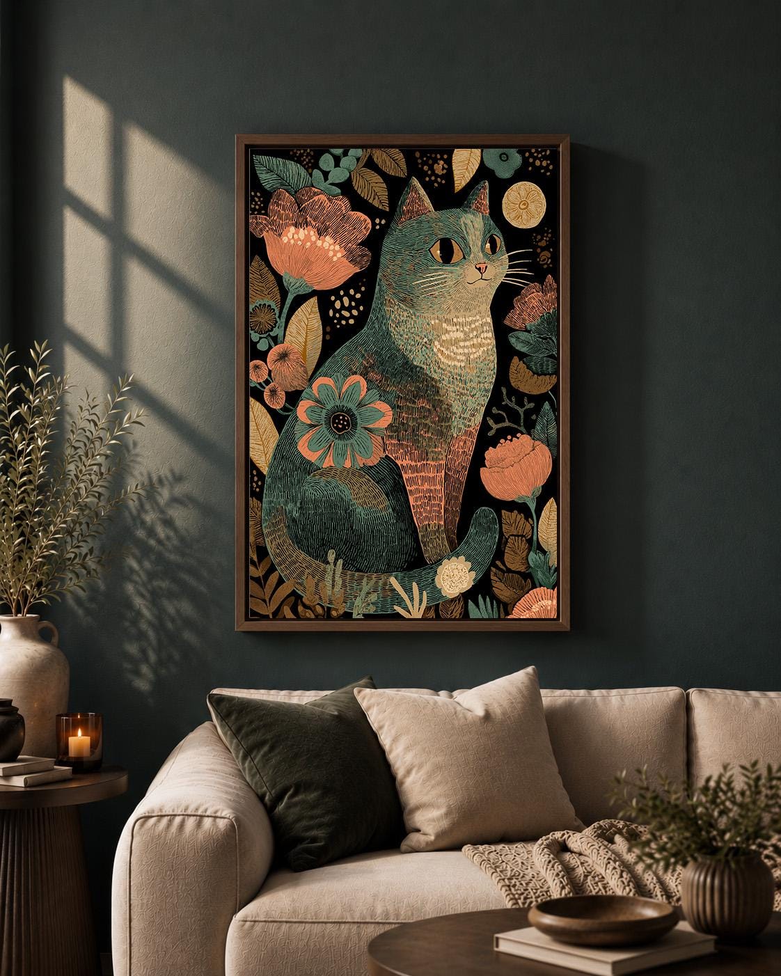 Boho Cat Floral Folk Art Framed Canvas Print, Whimsical Pet Wall Decor by The Wall Art Studio - physical