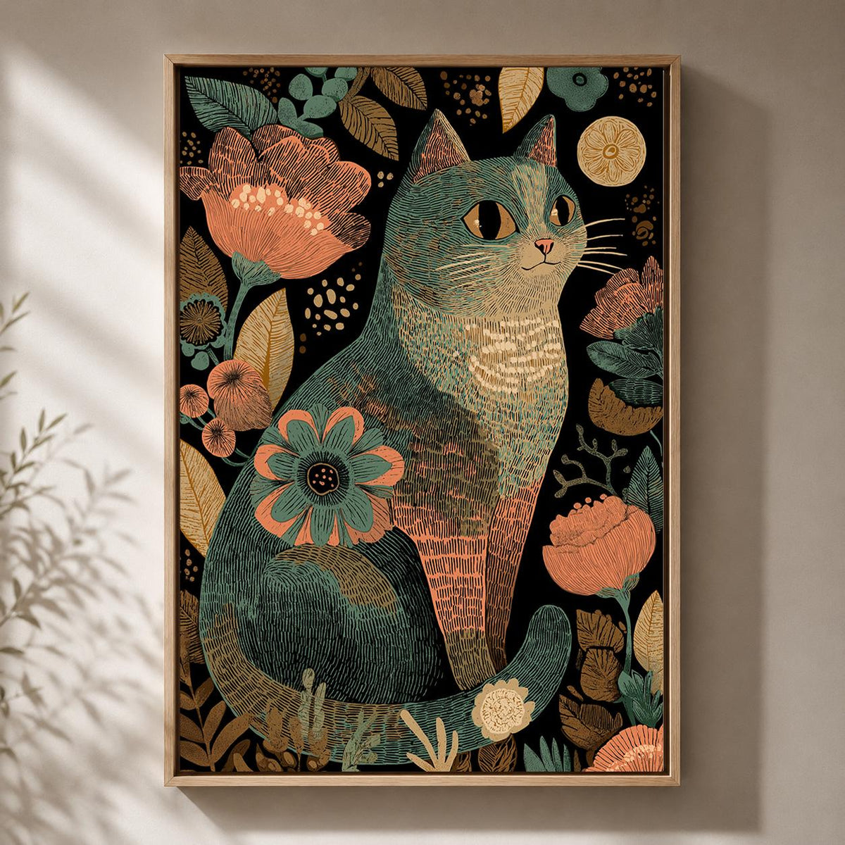 Boho Cat Floral Folk Art Framed Canvas Print, Whimsical Pet Wall Decor by The Wall Art Studio - physical