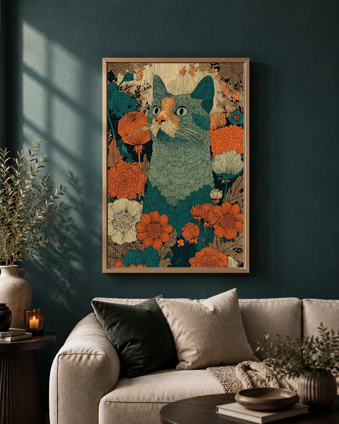 Boho Cat Floral Framed Canvas Art, Teal Orange Folk Whimsical Pet Decor by The Wall Art Studio - physical