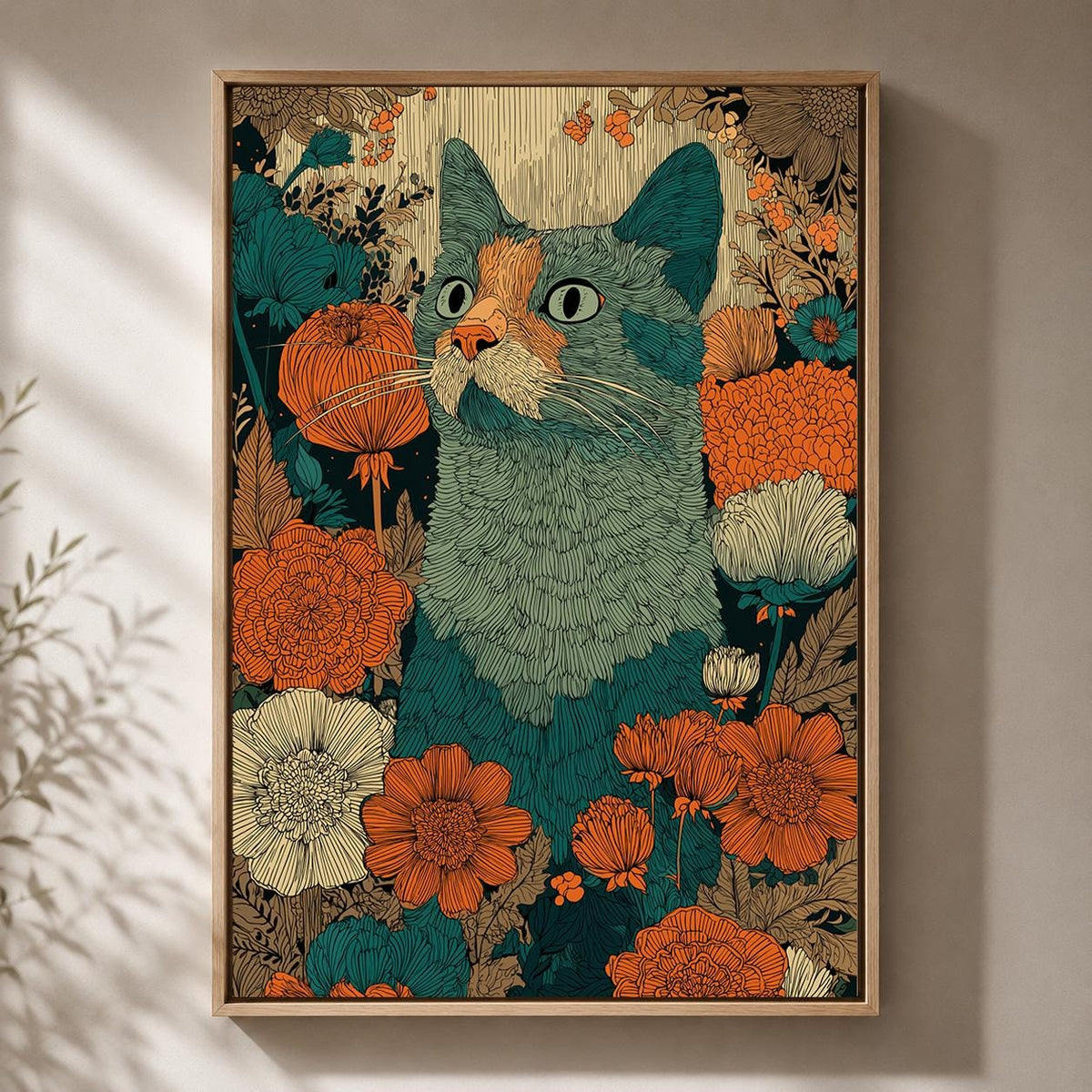 Boho Cat Floral Framed Canvas Art, Teal Orange Folk Whimsical Pet Decor by The Wall Art Studio - physical