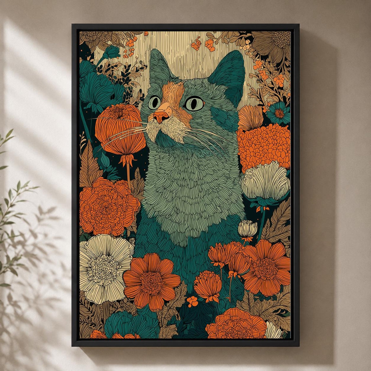 Boho Cat Floral Framed Canvas Art, Teal Orange Folk Whimsical Pet Decor by The Wall Art Studio - physical