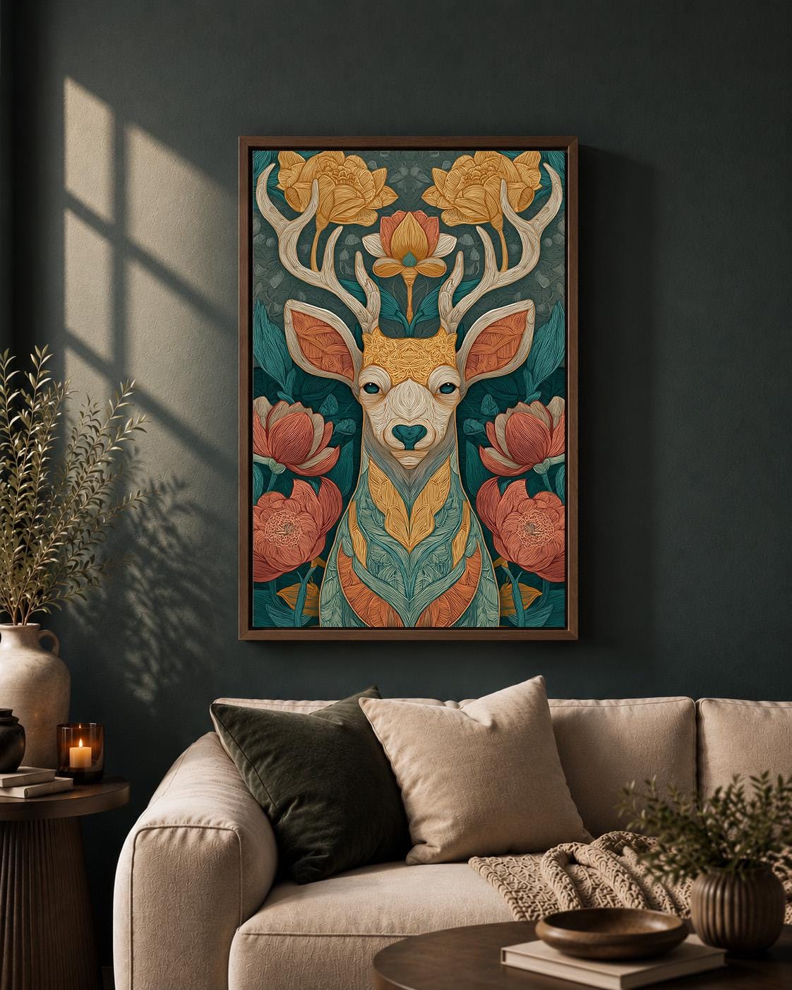 Boho Deer Floral Framed Canvas Wall Art, Woodland Animal Print, Teal Nature Decor by The Wall Art Studio - physical