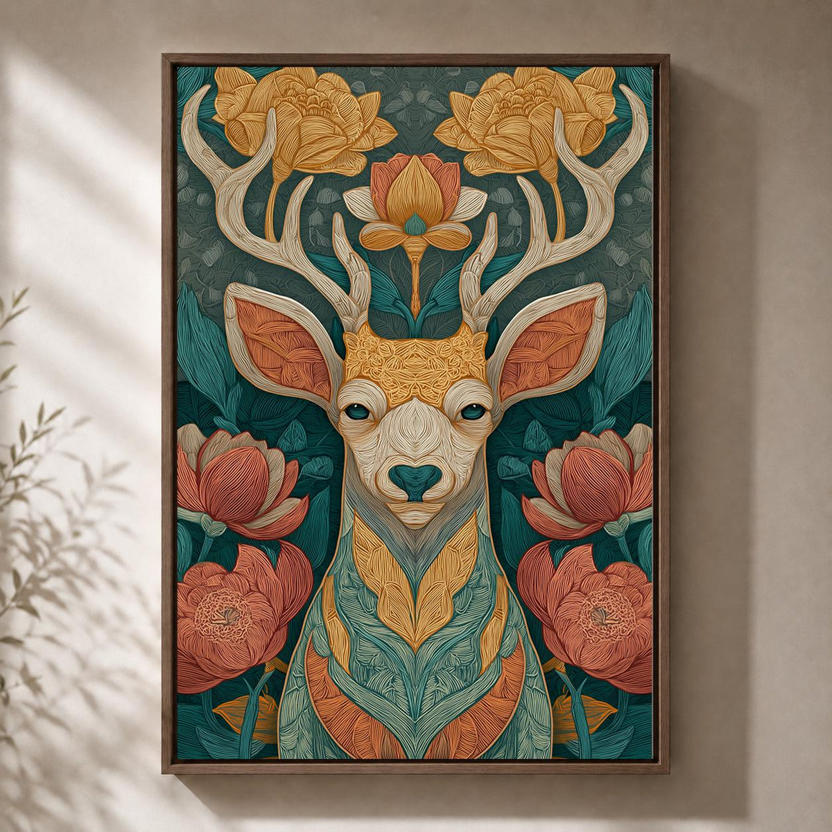 Boho Deer Floral Framed Canvas Wall Art, Woodland Animal Print, Teal Nature Decor by The Wall Art Studio - physical