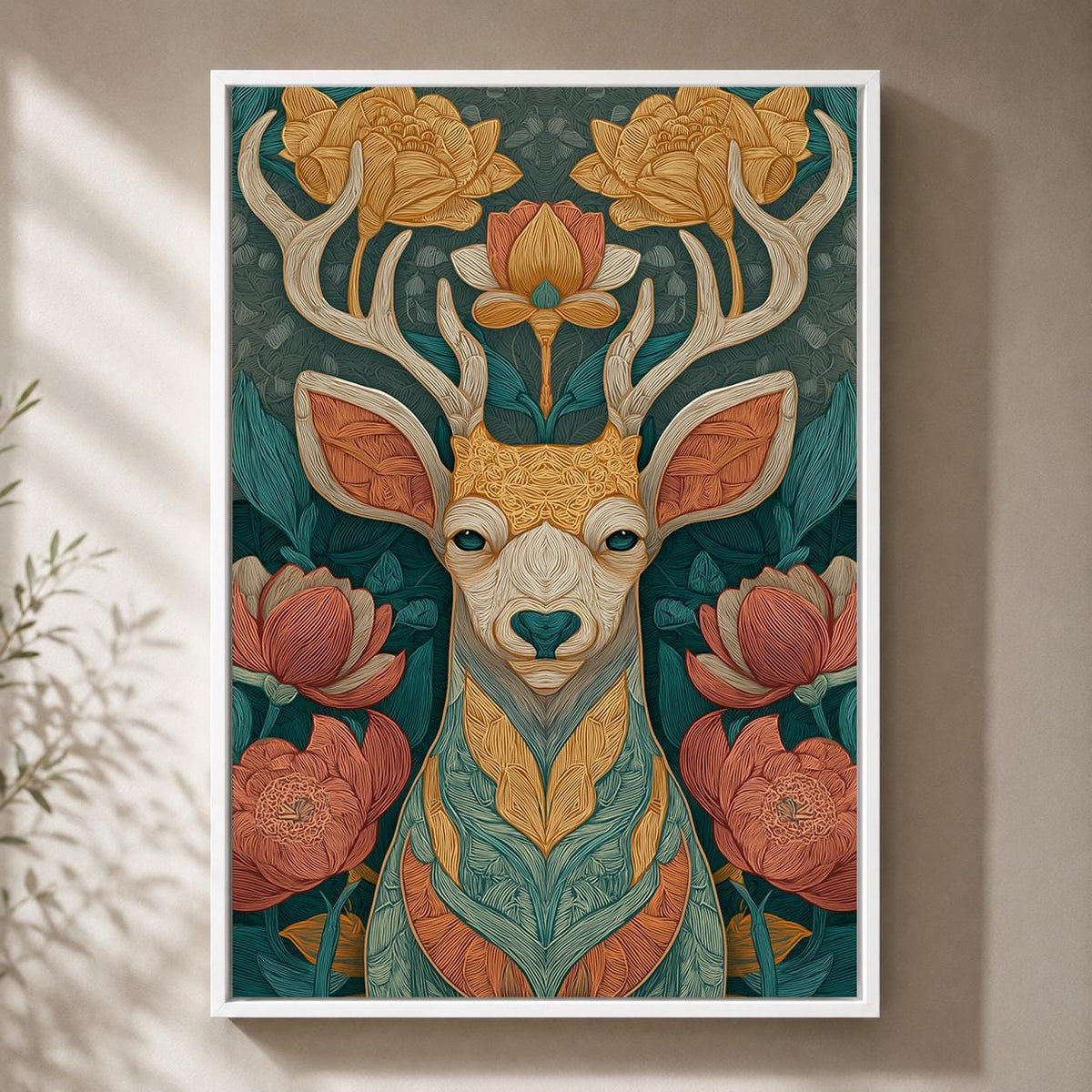 Boho Deer Floral Framed Canvas Wall Art, Woodland Animal Print, Teal Nature Decor by The Wall Art Studio - physical