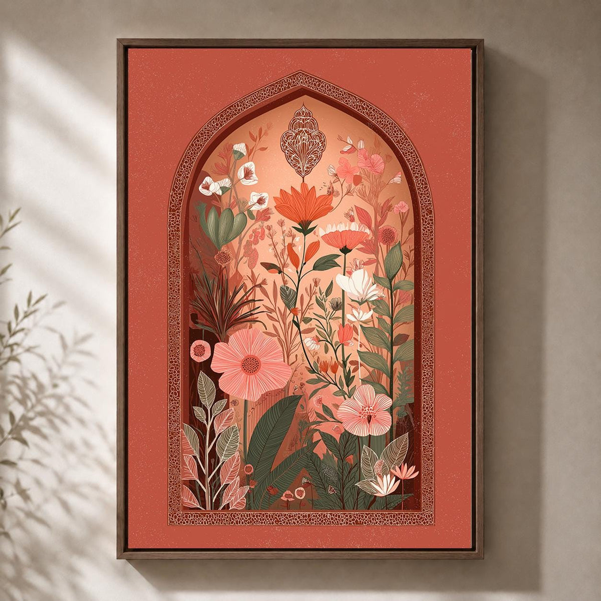 Boho Folk Botanical Framed Canvas Wall Art, Terracotta Arch Floral Print, Warm Earth Tone Decor by The Wall Art Studio - p...