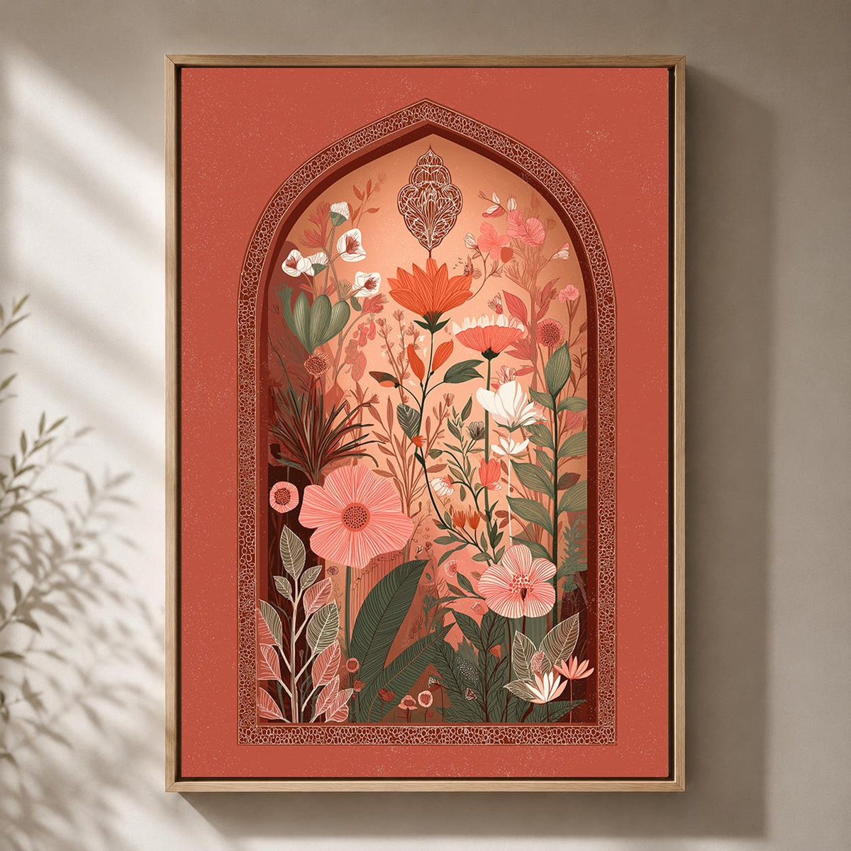 Boho Folk Botanical Framed Canvas Wall Art, Terracotta Arch Floral Print, Warm Earth Tone Decor by The Wall Art Studio - p...