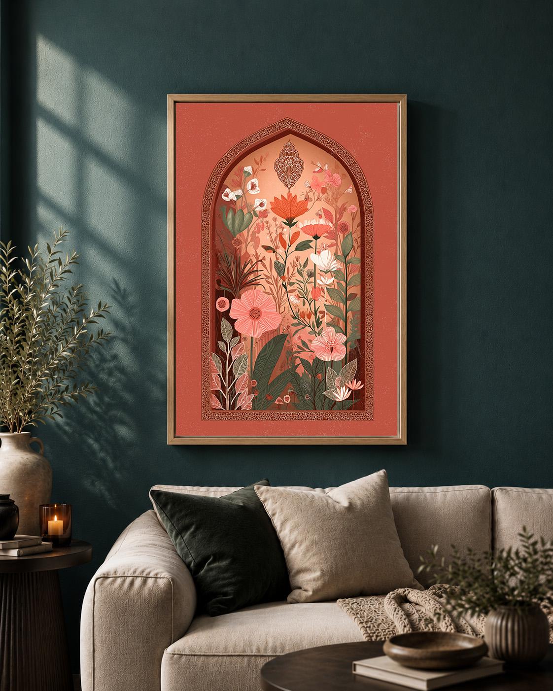 Boho Folk Botanical Framed Canvas Wall Art, Terracotta Arch Floral Print, Warm Earth Tone Decor by The Wall Art Studio - p...