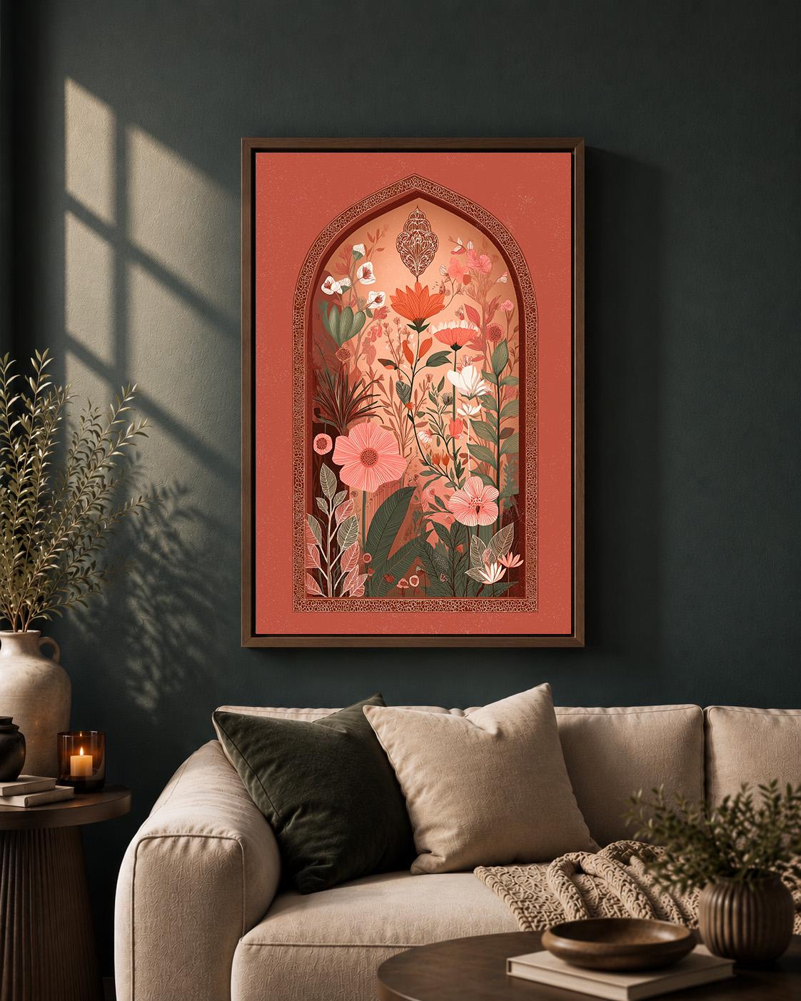 Boho Folk Botanical Framed Canvas Wall Art, Terracotta Arch Floral Print, Warm Earth Tone Decor by The Wall Art Studio - p...