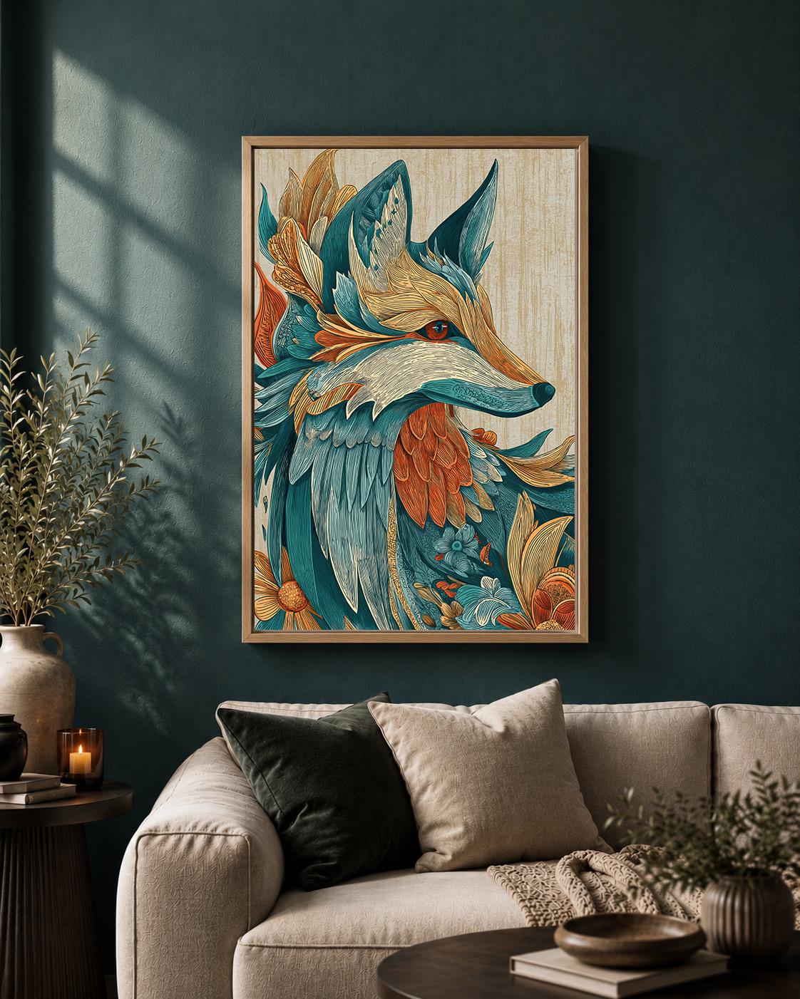 Boho Fox Framed Canvas Art, Teal Orange Folk Woodland Animal Print by The Wall Art Studio - physical