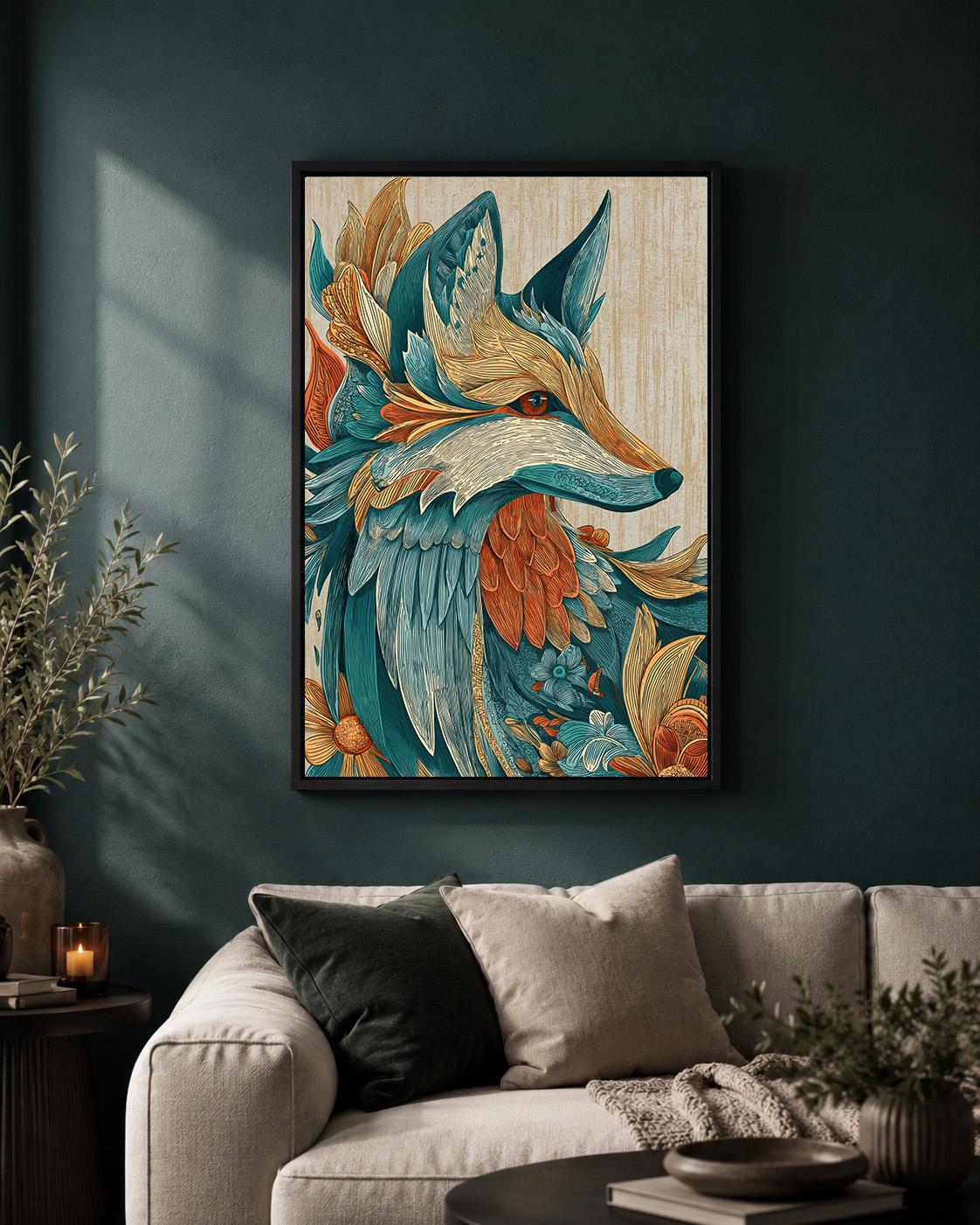 Boho Fox Framed Canvas Art, Teal Orange Folk Woodland Animal Print by The Wall Art Studio - physical