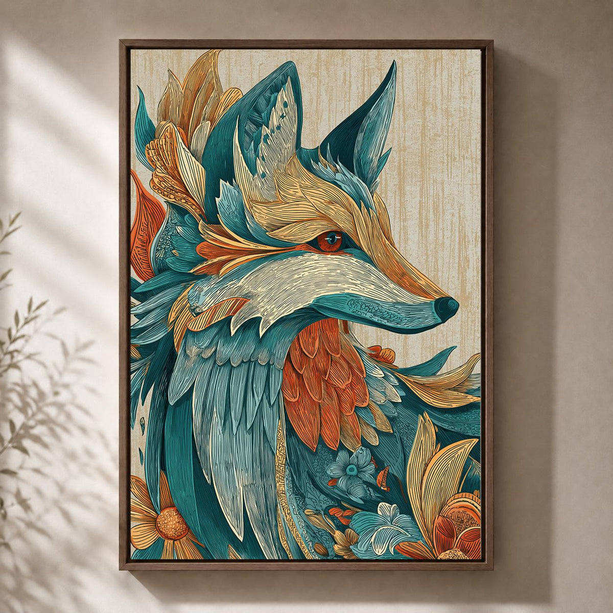 Boho Fox Framed Canvas Art, Teal Orange Folk Woodland Animal Print by The Wall Art Studio - physical