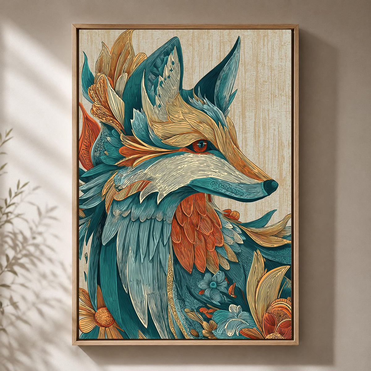 Boho Fox Framed Canvas Art, Teal Orange Folk Woodland Animal Print by The Wall Art Studio - physical