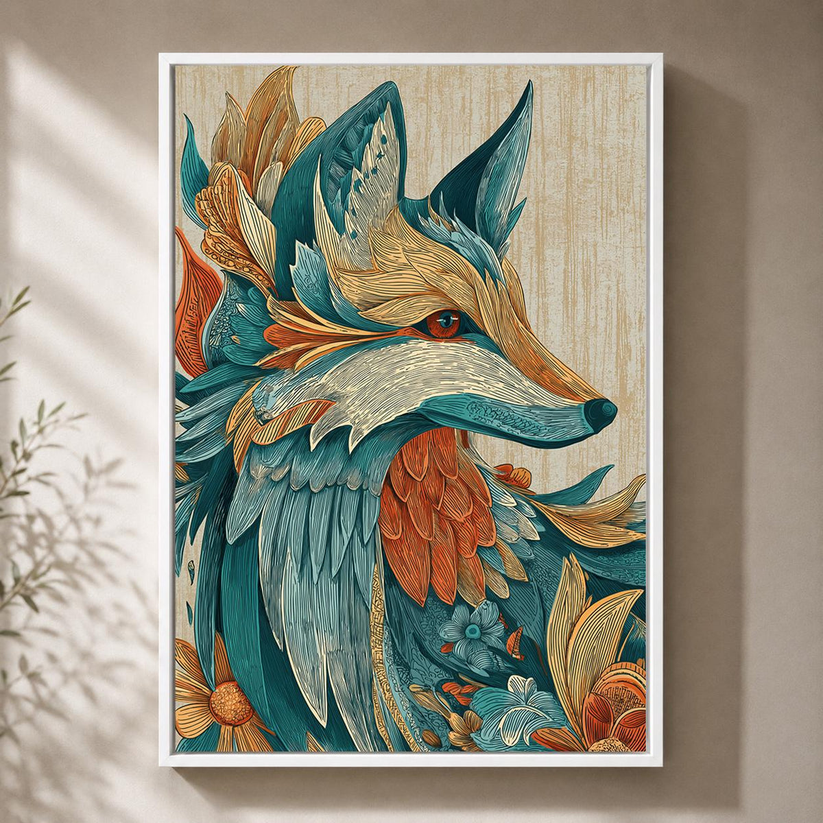 Boho Fox Framed Canvas Art, Teal Orange Folk Woodland Animal Print by The Wall Art Studio - physical