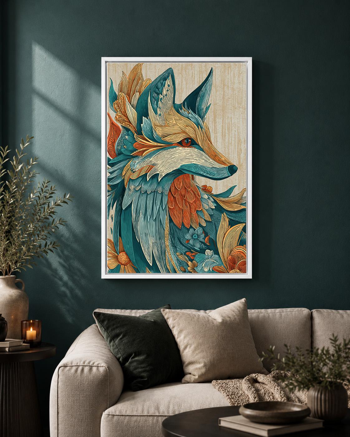 Boho Fox Framed Canvas Art, Teal Orange Folk Woodland Animal Print by The Wall Art Studio - physical