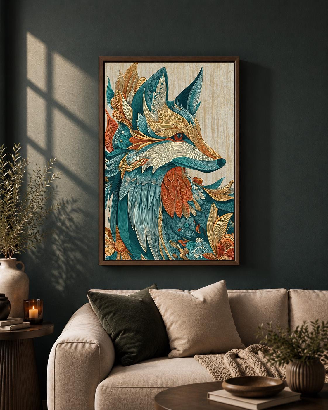 Boho Fox Framed Canvas Art, Teal Orange Folk Woodland Animal Print by The Wall Art Studio - physical