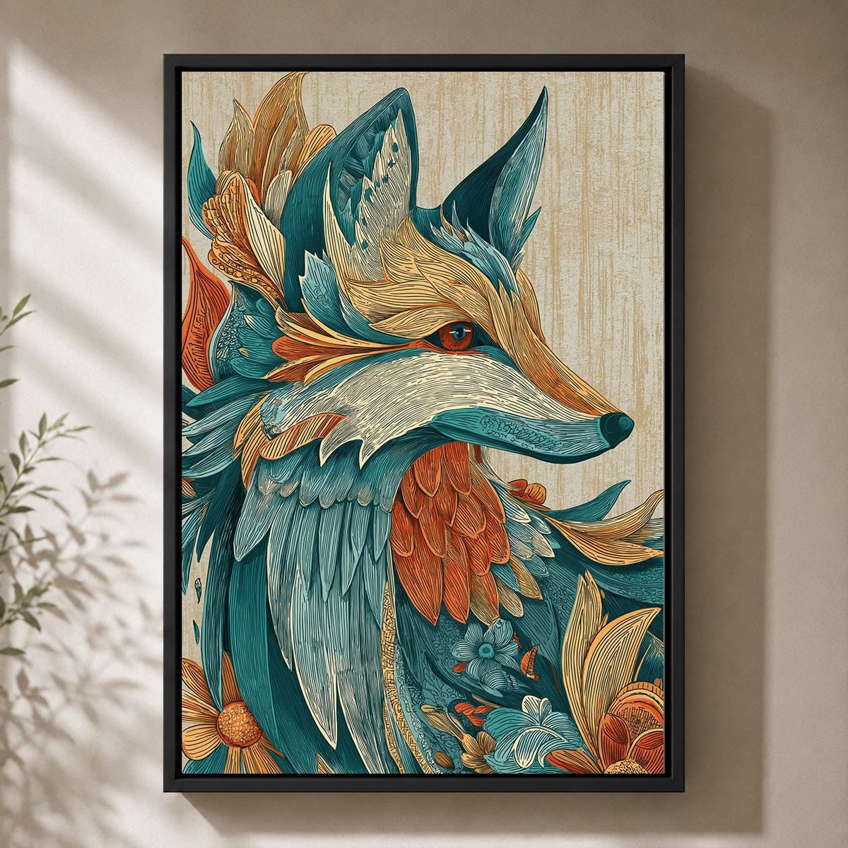 Boho Fox Framed Canvas Art, Teal Orange Folk Woodland Animal Print by The Wall Art Studio - physical