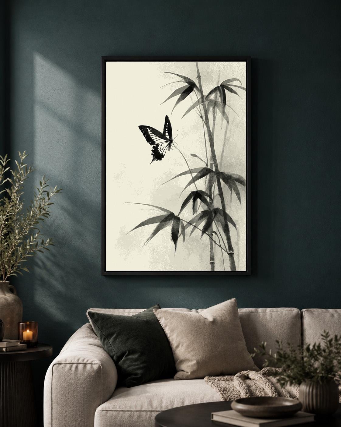 Butterfly Bamboo Framed Canvas Art, Minimalist Japandi Nature Decor by The Wall Art Studio - physical