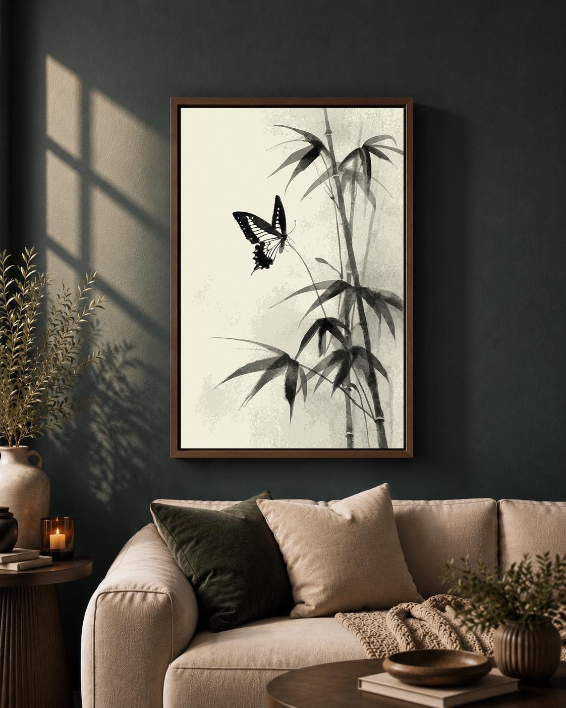 Butterfly Bamboo Framed Canvas Art, Minimalist Japandi Nature Decor by The Wall Art Studio - physical