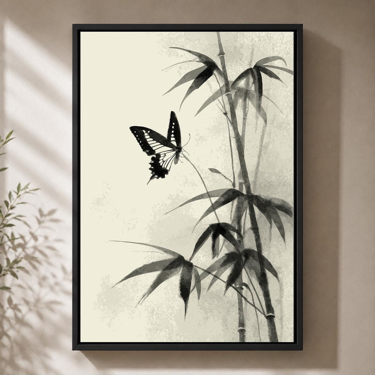 Butterfly Bamboo Framed Canvas Art, Minimalist Japandi Nature Decor by The Wall Art Studio - physical