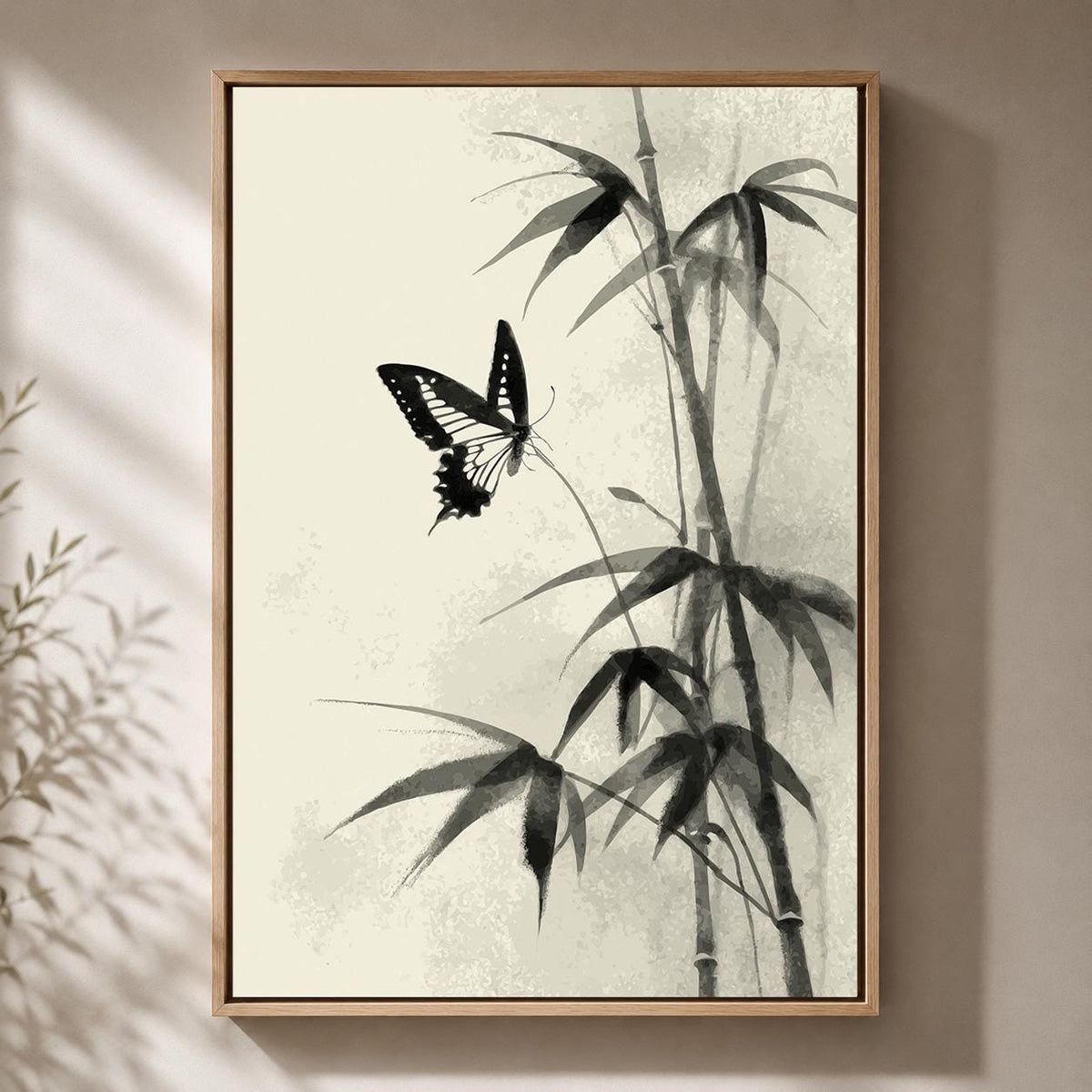 Butterfly Bamboo Framed Canvas Art, Minimalist Japandi Nature Decor by The Wall Art Studio - physical