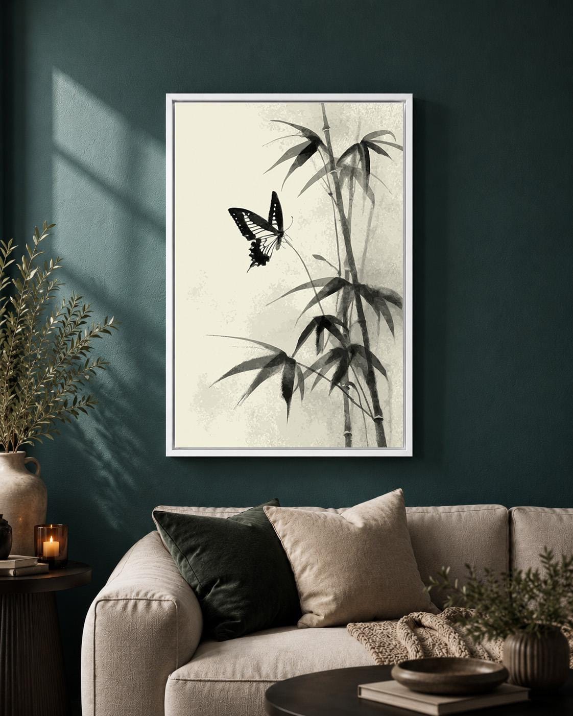 Butterfly Bamboo Framed Canvas Art, Minimalist Japandi Nature Decor by The Wall Art Studio - physical