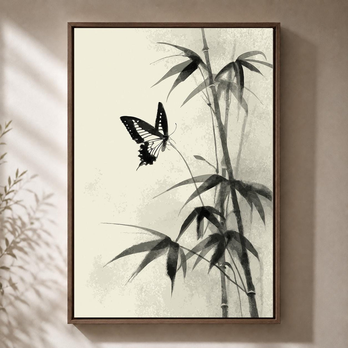 Butterfly Bamboo Framed Canvas Art, Minimalist Japandi Nature Decor by The Wall Art Studio - physical