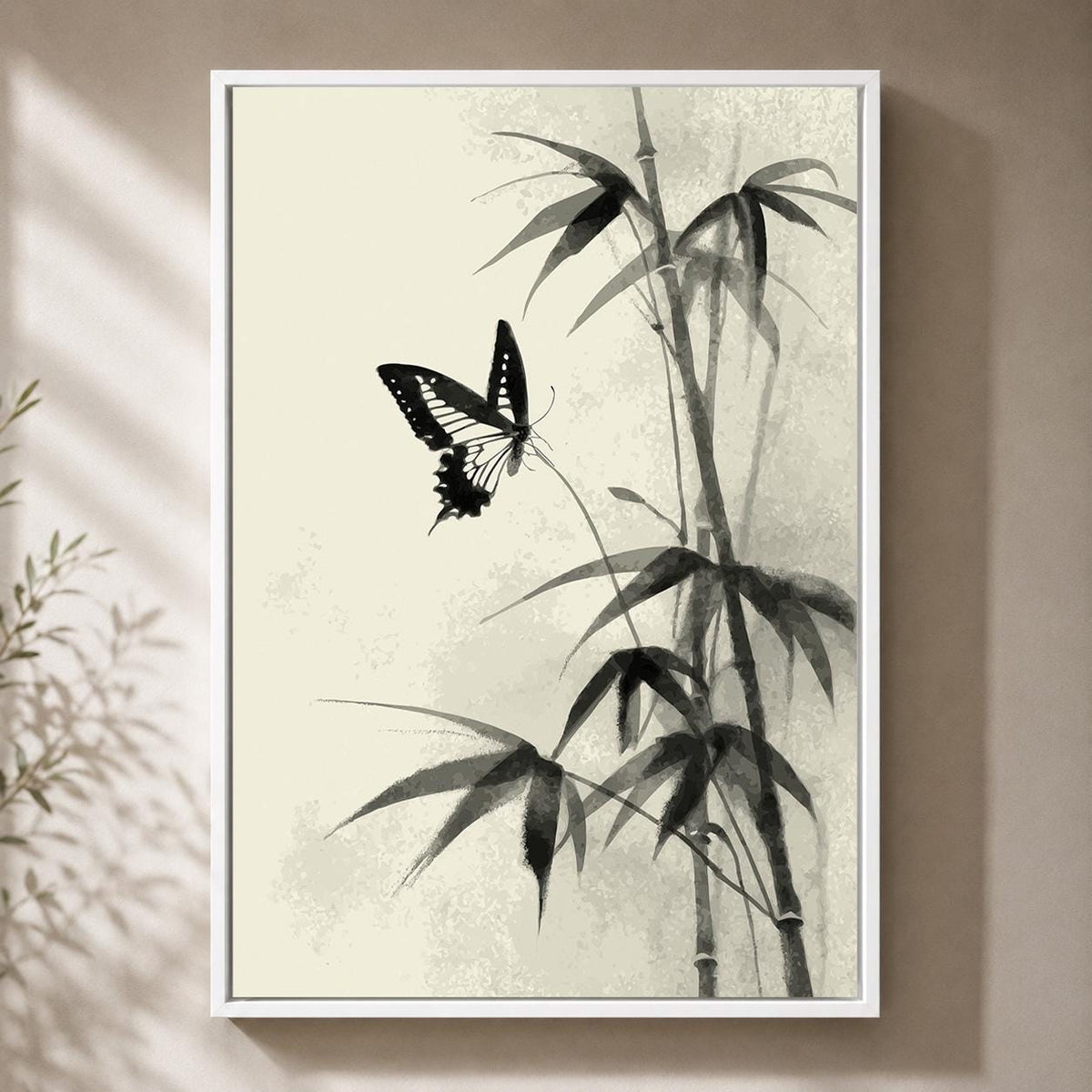 Butterfly Bamboo Framed Canvas Art, Minimalist Japandi Nature Decor by The Wall Art Studio - physical