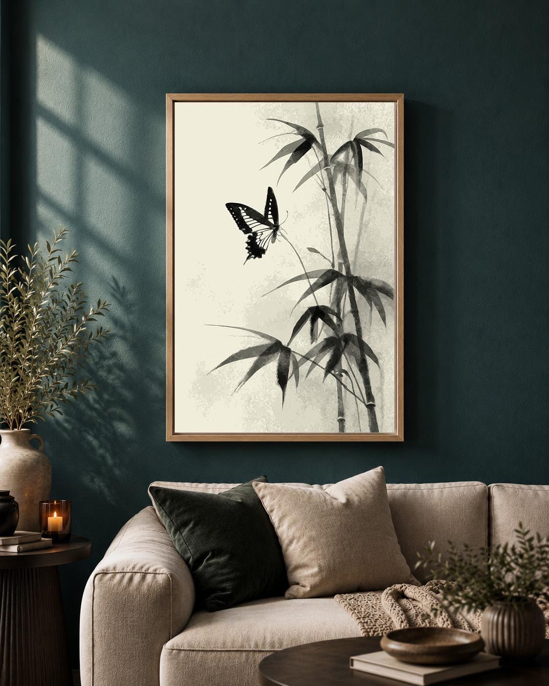 Butterfly Bamboo Framed Canvas Art, Minimalist Japandi Nature Decor by The Wall Art Studio - physical