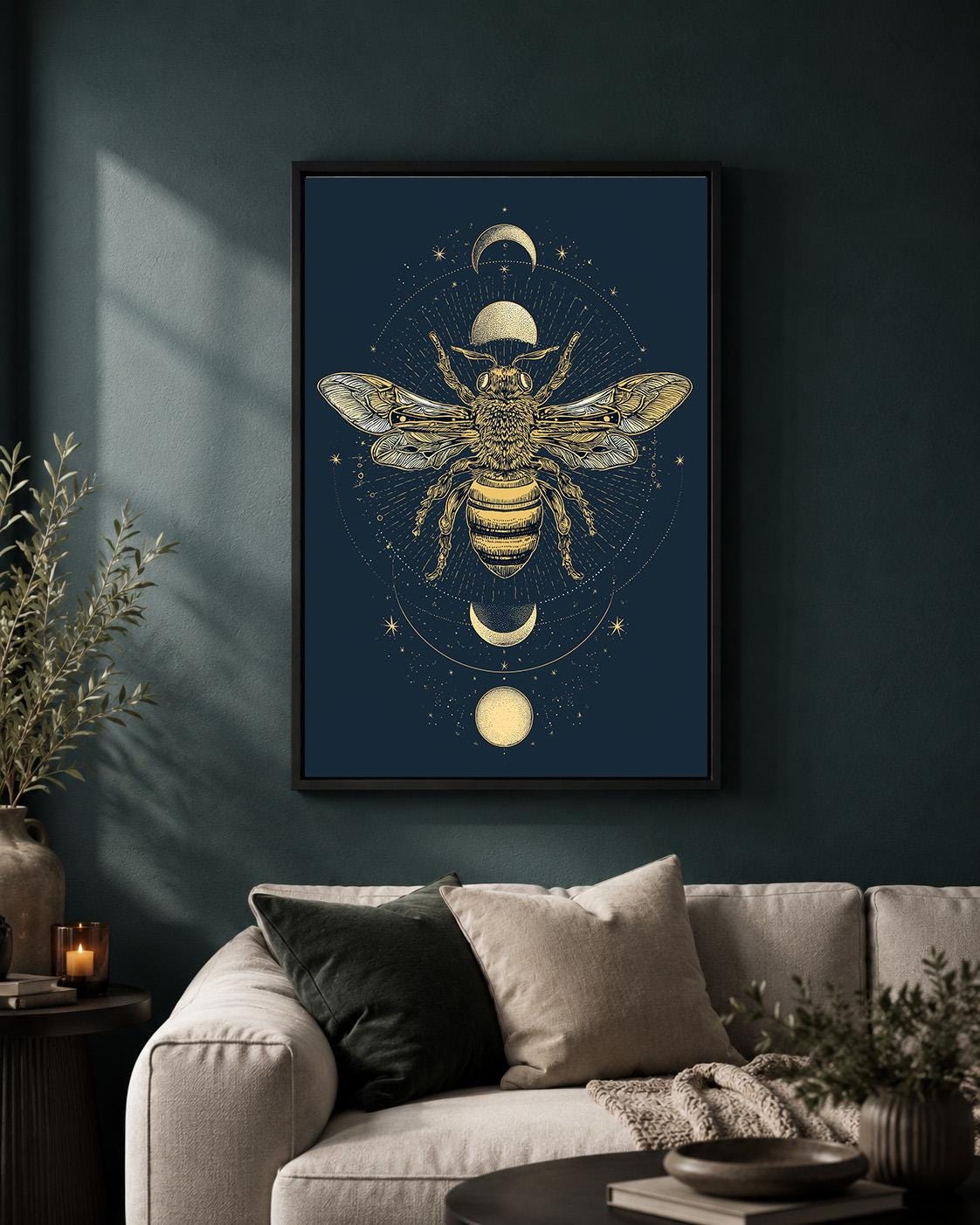 Celestial Bee Moon Phase Framed Canvas Art, Mystic Botanical Insect Wall Decor by The Wall Art Studio - physical