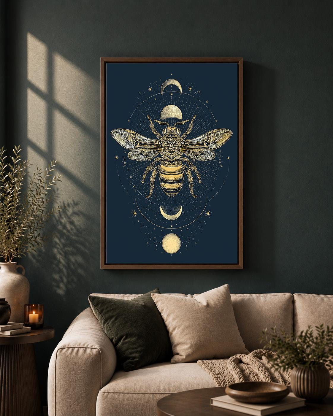 Celestial Bee Moon Phase Framed Canvas Art, Mystic Botanical Insect Wall Decor by The Wall Art Studio - physical