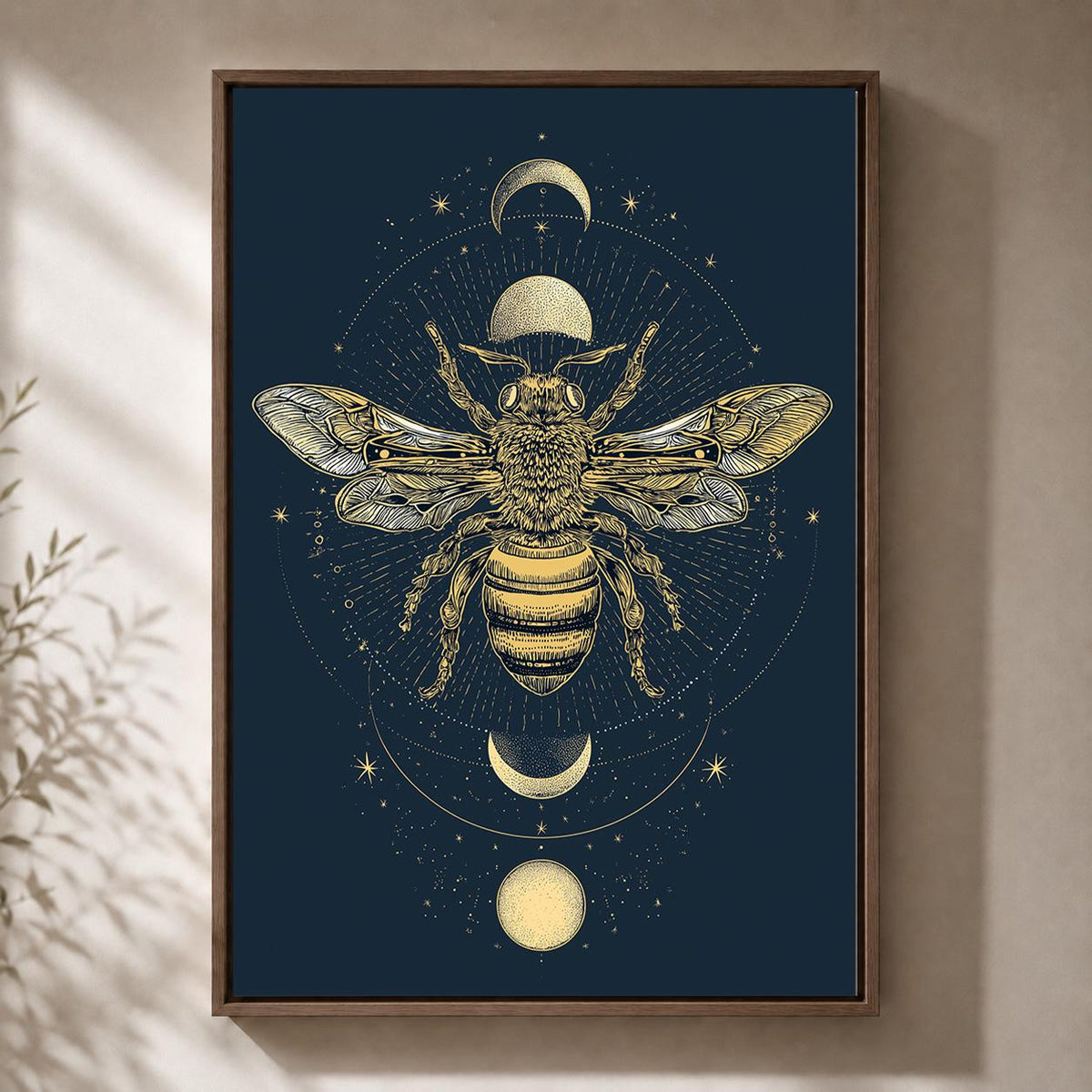 Celestial Bee Moon Phase Framed Canvas Art, Mystic Botanical Insect Wall Decor by The Wall Art Studio - physical