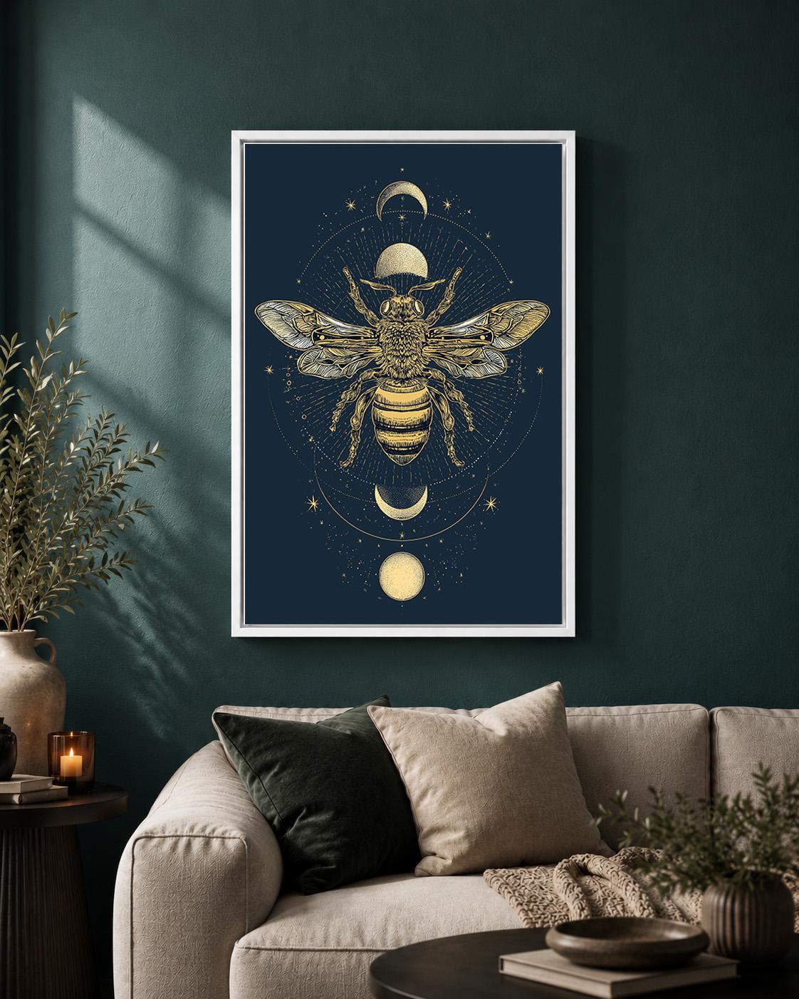 Celestial Bee Moon Phase Framed Canvas Art, Mystic Botanical Insect Wall Decor by The Wall Art Studio - physical
