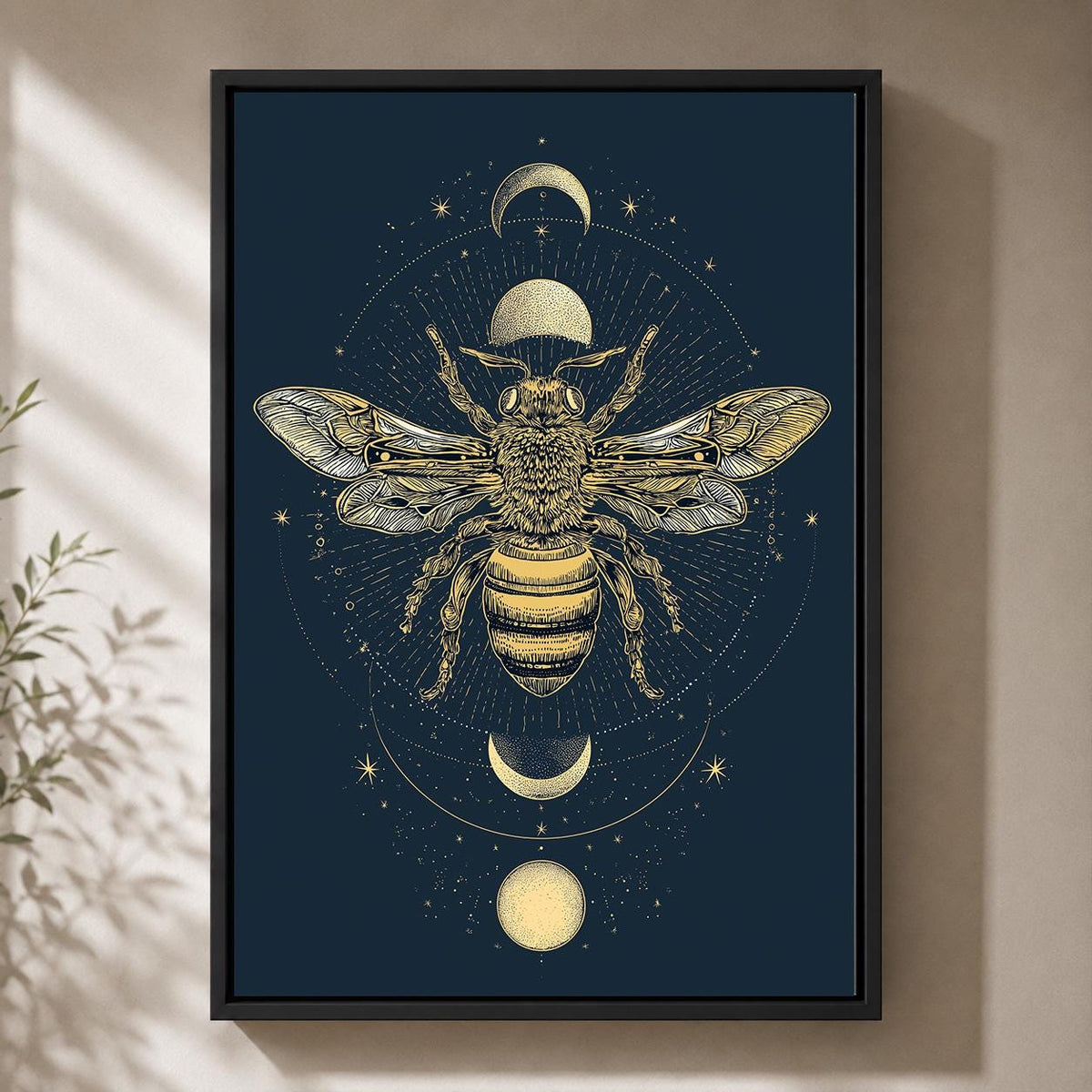 Celestial Bee Moon Phase Framed Canvas Art, Mystic Botanical Insect Wall Decor by The Wall Art Studio - physical