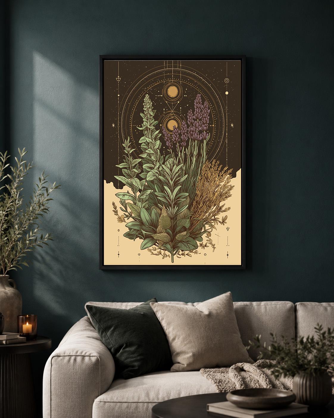 Celestial Botanical Framed Canvas Art, Mystic Herb Illustration Print, Witchy Decor by The Wall Art Studio - physical